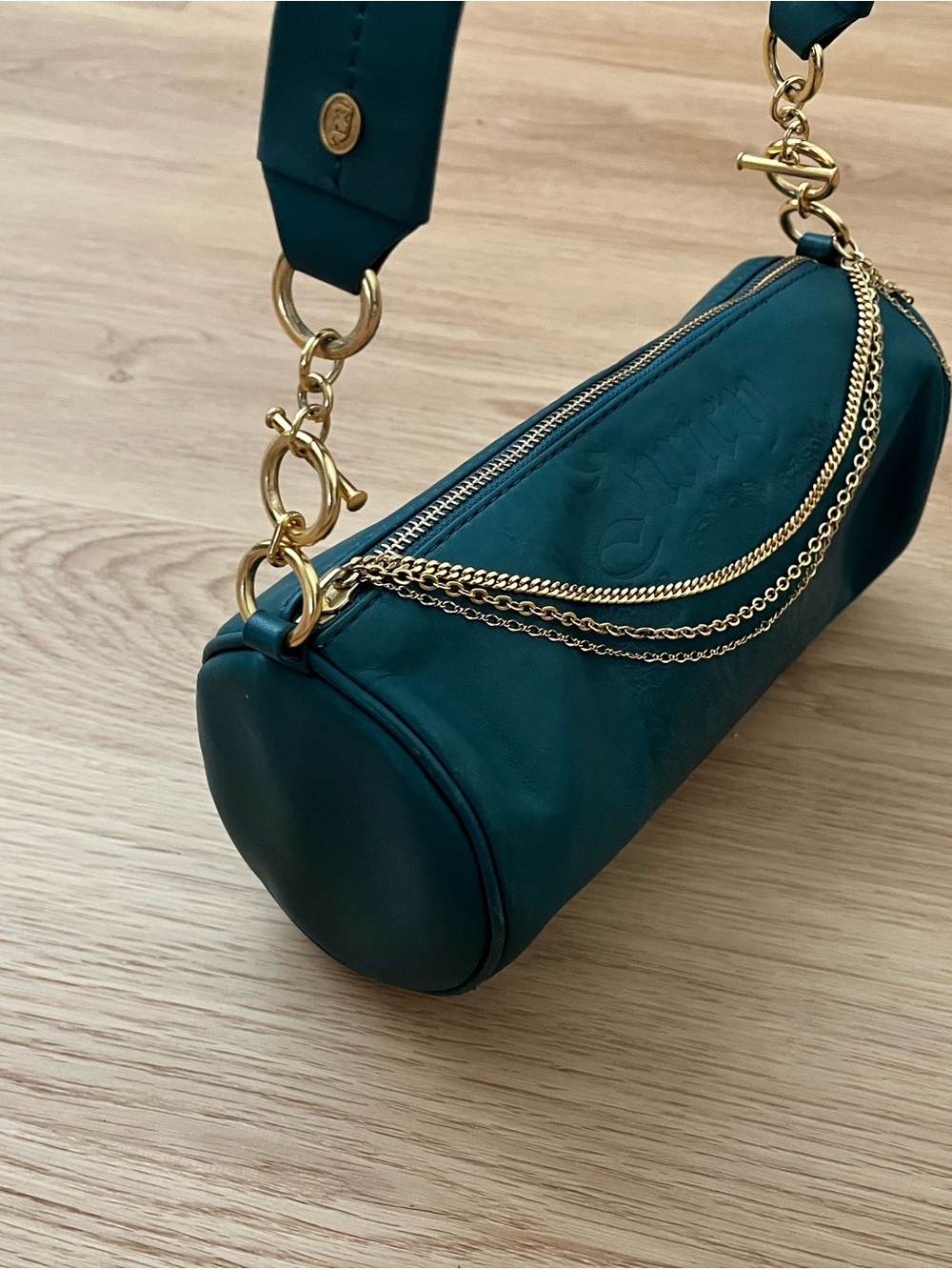 Vintage Y2K Juicy Couture Teal Green Cylinder Shoulder Bag with Gold Chain